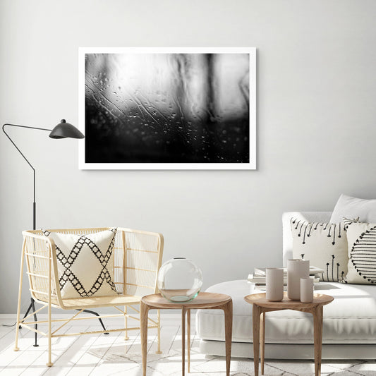 Coastal Noir 7919 - Room View, dramatic black and white image of trees and water softened through rain-dappled glass, minimalist fine art print.