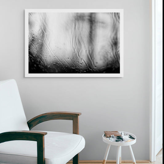 Coastal Noir 7924 - Room View, black and white minimalist coastal photograph with delicate rain droplets on glass creating abstract textures.