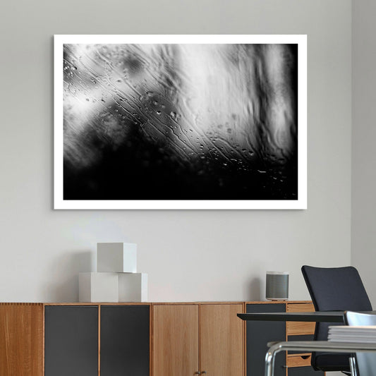 Coastal Noir 7933 - Room View, abstract black and white coastal image with fine rain droplets on glass creating subtle horizontal lines and textures.
