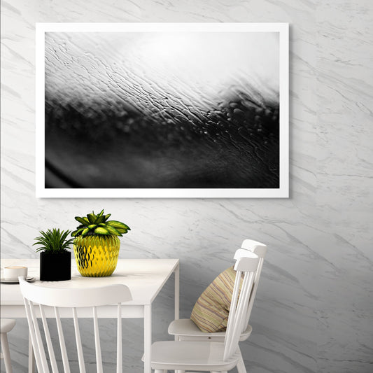 Coastal Noir 7952 - Room View, monochrome photograph with rippling water and rain-speckled glass creating soft abstract coastal textures.