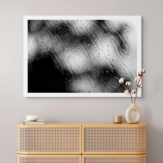 Coastal Noir 7964 - Room View, black and white coastal scene of trees and shoreline blurred behind rain-speckled glass, minimalist fine art print.