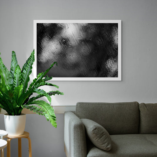 Coastal Noir 7982 - Room View, abstract black and white coastal image with layered rain textures over blurred trees and shoreline.