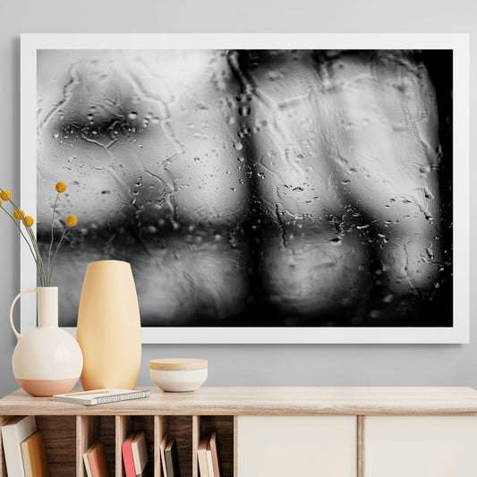 Coastal Noir 8007 - Room View, black and white coastal scene with rain on glass and abstracted tree forms in soft focus.