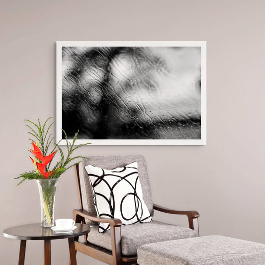 Coastal Noir 8013 - Room View, abstract black and white fine art coastal photograph with delicate rain droplets blurring trees in the background.