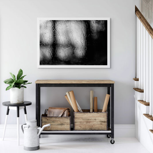 Coastal Noir 8017 - Room View, abstract monochrome photograph of blurred coastal trees seen through rain-dappled glass, minimalist print.