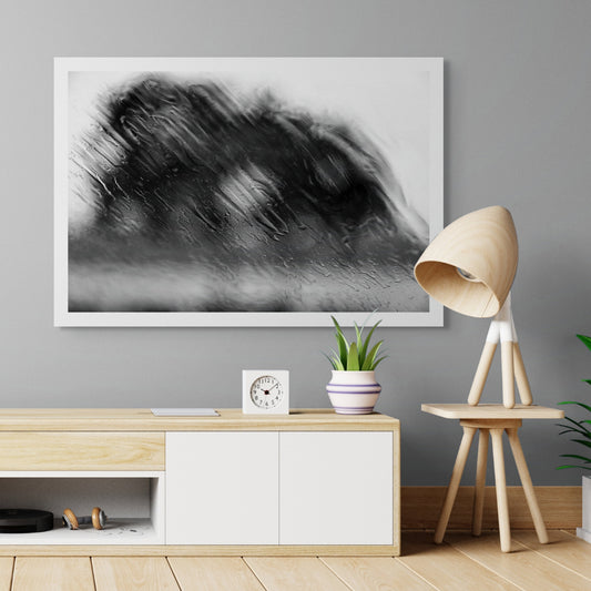 Coastal Noir 8100 - Room View, black and white abstract coastal photograph with blurred dune or foliage behind rain-streaked glass, atmospheric fine art print.