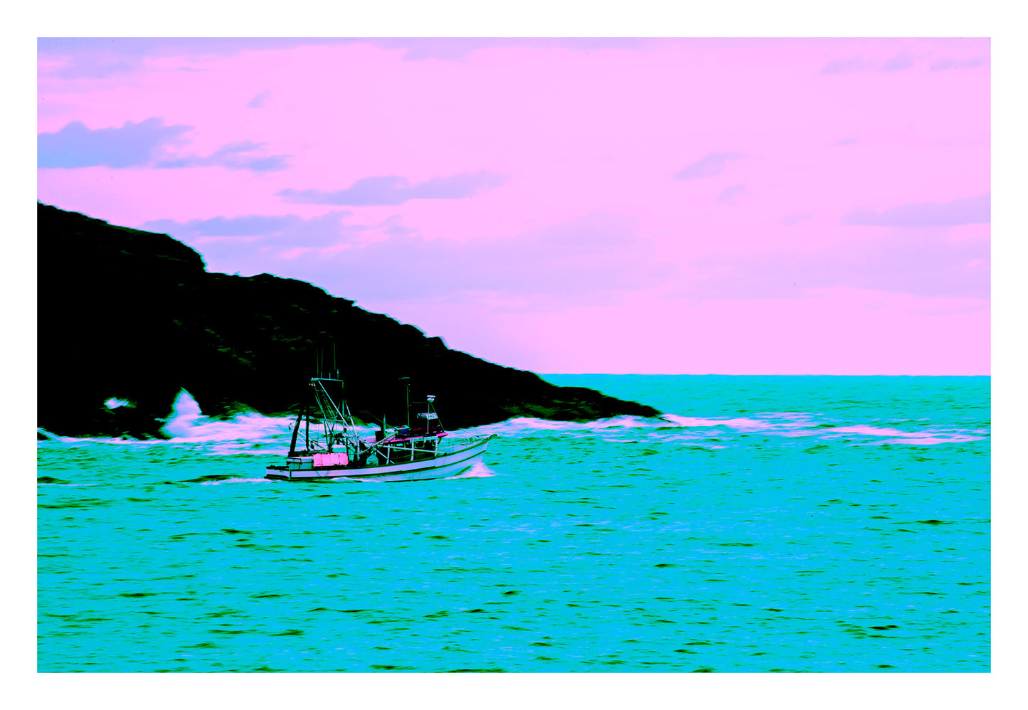 Vivid Country - Coffs Harbour Fishing Trawler - 6900025-2v21a - 104x74cm, a fishing trawler sails near Mutton Bird Island in turquoise waters under a pastel pink and violet sky, rendered in bold pop-art style.