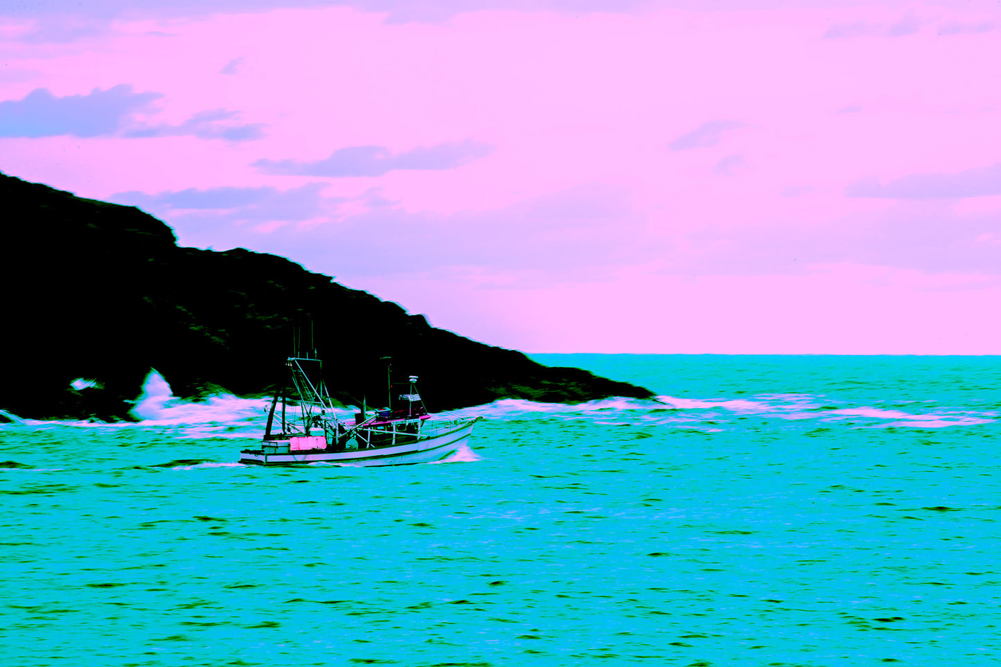 Vivid Country - Coffs Harbour Fishing Trawler - 6900025-2v21a - 90x60cm, a fishing trawler sails near Mutton Bird Island in turquoise waters under a pastel pink and violet sky, rendered in bold pop-art style.