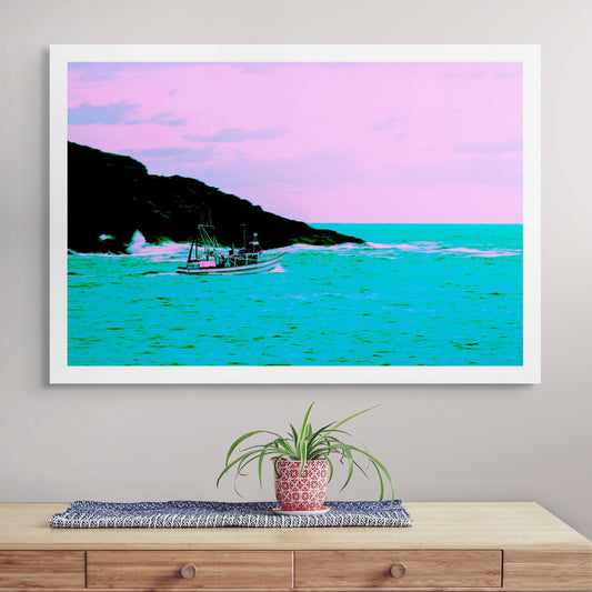 Vivid Country - Coffs Harbour Fishing Trawler - 6900025-2v21a - Room View, a fishing trawler sails near Mutton Bird Island in turquoise waters under a pastel pink and violet sky, rendered in bold pop-art style.
