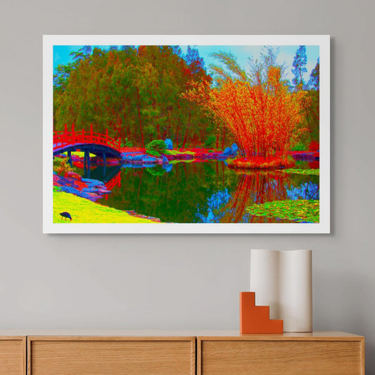 Vivid Country - Coffs Harbour Japanese Gardens - 7767v13 - Room View, a vivid pop-style artwork featuring a red bridge, golden bamboo, and still water in a stylised Japanese garden setting, with bright reflections and bold contrasting colour.
