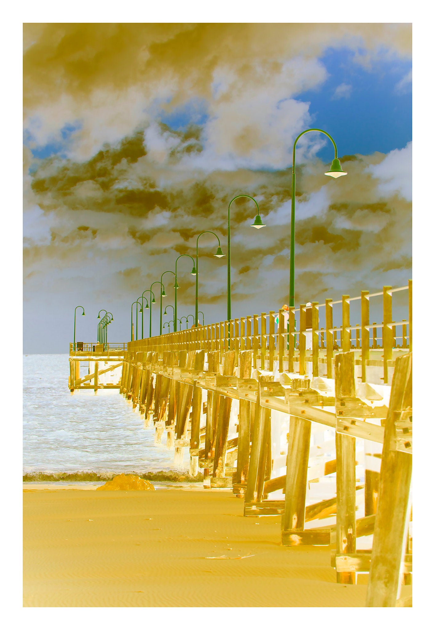 Vivid Country - Coffs Harbour Jetty - 6518v9a - 74x104cm, a fine art pop-style image of the Coffs Harbour Jetty under a moody sky, featuring golden timber tones and bright green lamp posts leading into the distance.