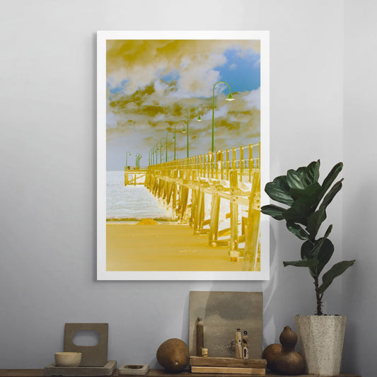 Vivid Country - Coffs Harbour Jetty - 6518v9a - Room View, a fine art pop-style image of the Coffs Harbour Jetty under a moody sky, featuring golden timber tones and bright green lamp posts leading into the distance.