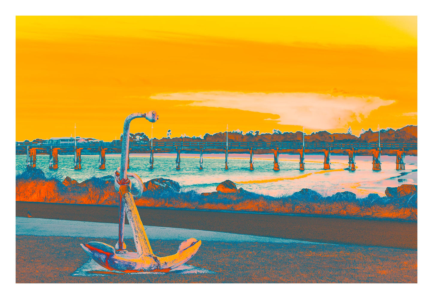 Vivid Country - Coffs Harbour Jetty Anchor - 6164v18 - 104x74cm, a pop-art style fine art print featuring a rusted maritime anchor in the foreground with a long wooden jetty stretching across the water under a glowing yellow-orange sky.