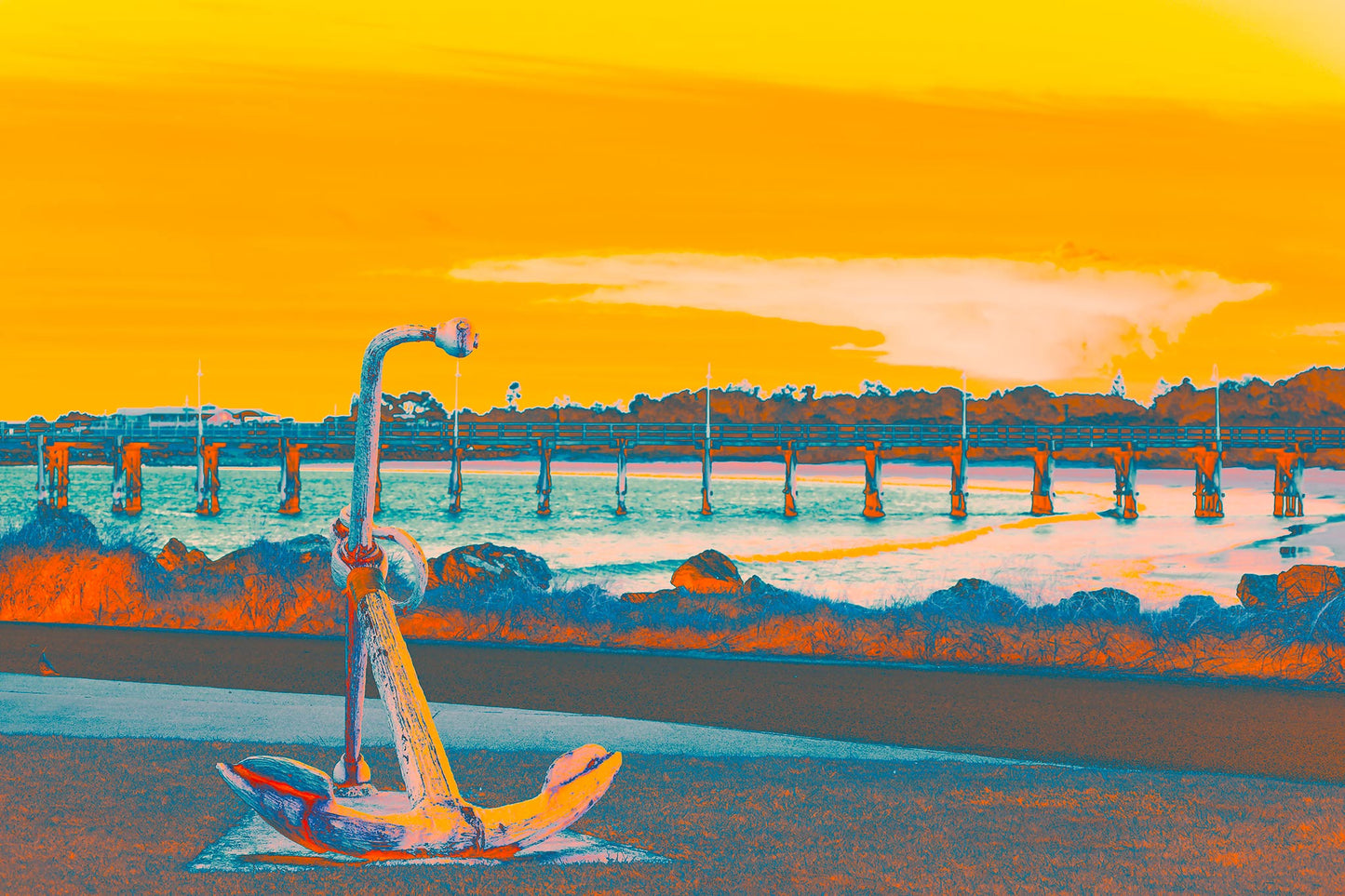 Vivid Country - Coffs Harbour Jetty Anchor - 6164v18 - 90x60cm, a pop-art style fine art print featuring a rusted maritime anchor in the foreground with a long wooden jetty stretching across the water under a glowing yellow-orange sky.