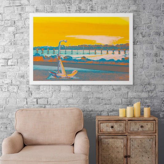 Vivid Country - Coffs Harbour Jetty Anchor - 6164v18 - Room View, a pop-art style fine art print featuring a rusted maritime anchor in the foreground with a long wooden jetty stretching across the water under a glowing yellow-orange sky.