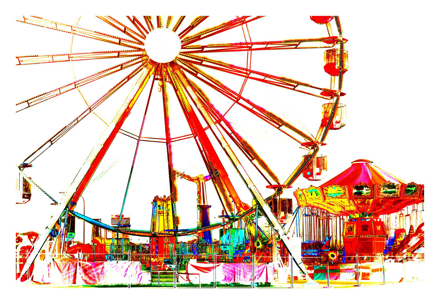 Vivid Country - Coffs Harbour Jetty Carnival - 6900075v2d - 104x74cm, a bold and vibrant pop-art style image of a carnival with a Ferris wheel and carousel in fiery reds, yellows, and high contrast against a bright white background.