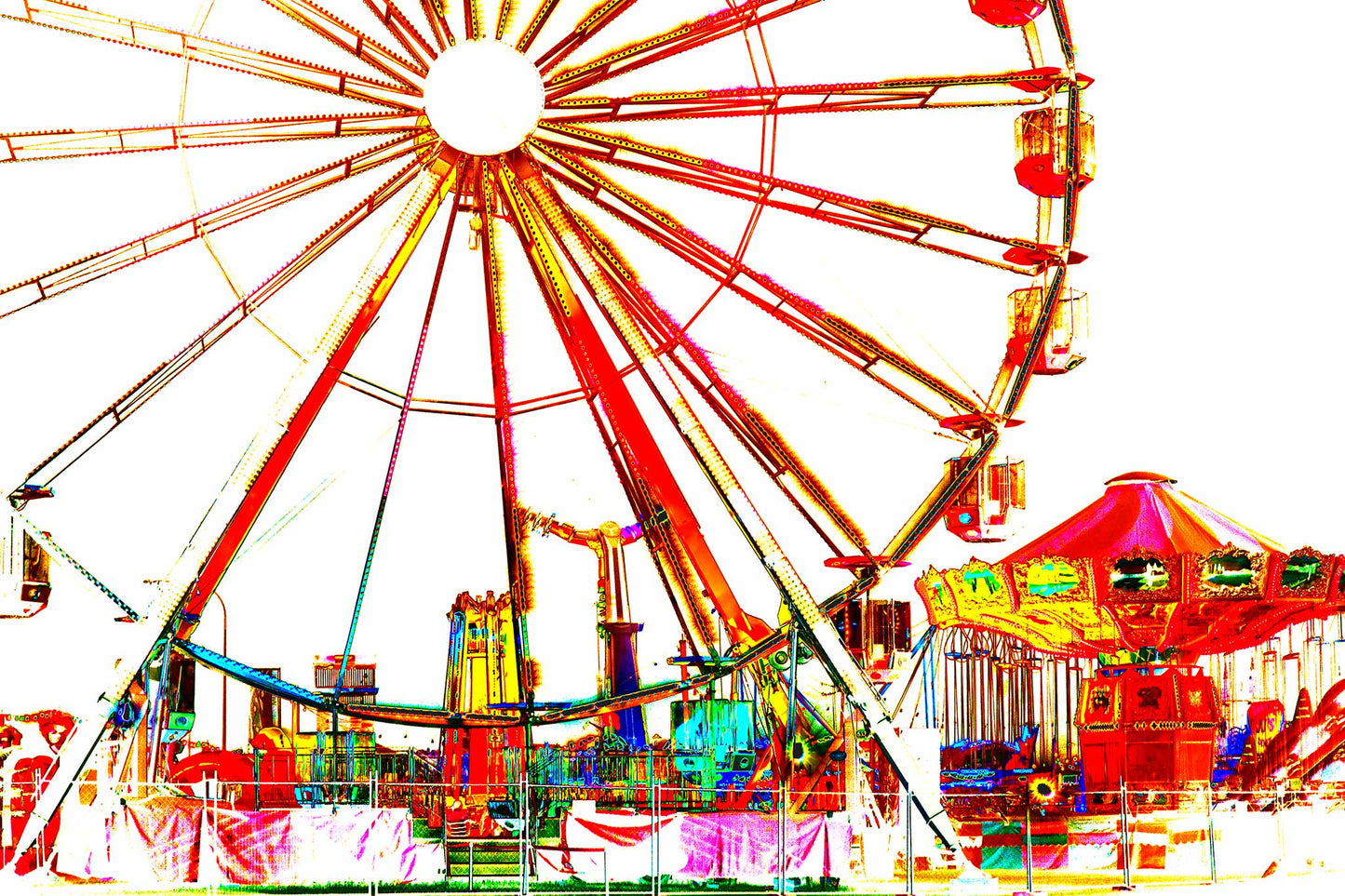 Vivid Country - Coffs Harbour Jetty Carnival - 6900075v2d - 90x60cm, a bold and vibrant pop-art style image of a carnival with a Ferris wheel and carousel in fiery reds, yellows, and high contrast against a bright white background.