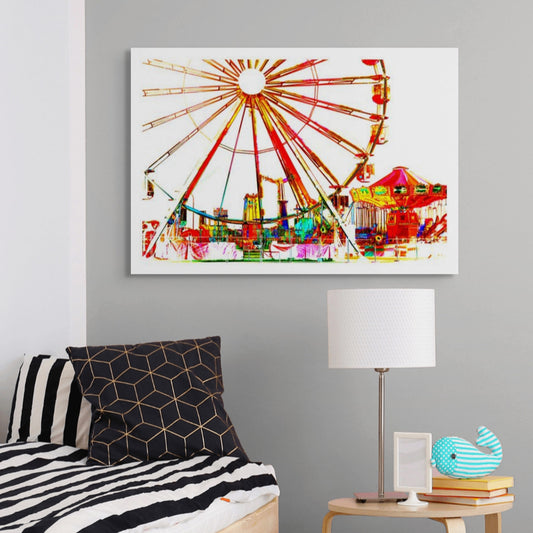 Vivid Country - Coffs Harbour Jetty Carnival - 6900075v2d - Room View, a bold and vibrant pop-art style image of a carnival with a Ferris wheel and carousel in fiery reds, yellows, and high contrast against a bright white background.