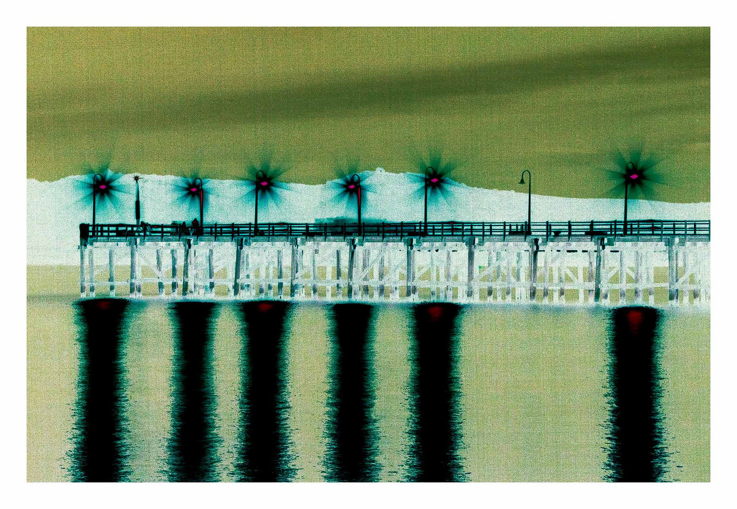 Vivid Country - Coffs Harbour Jetty Lights - 6900033v33a - 104x74cm, an ethereal nighttime view of the Coffs Jetty with bright starburst lights casting vivid pink and green reflections across still waters in a surreal, digitally enhanced composition.
