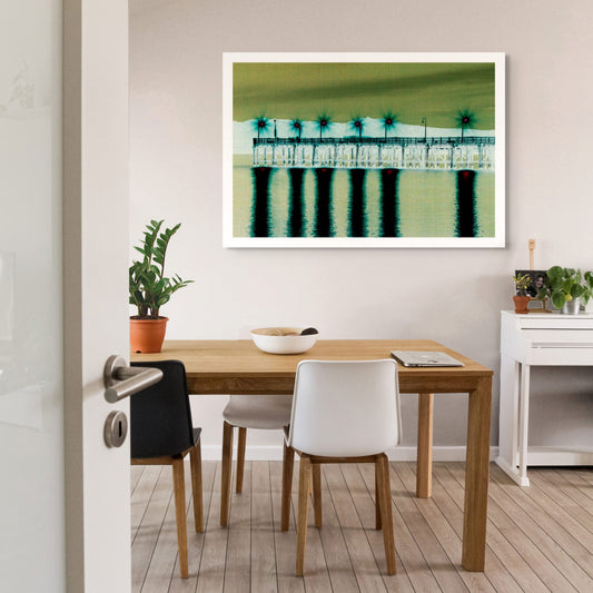 Vivid Country - Coffs Harbour Jetty Lights - 6900033v33a - Room View, an ethereal nighttime view of the Coffs Jetty with bright starburst lights casting vivid pink and green reflections across still waters in a surreal, digitally enhanced composition.