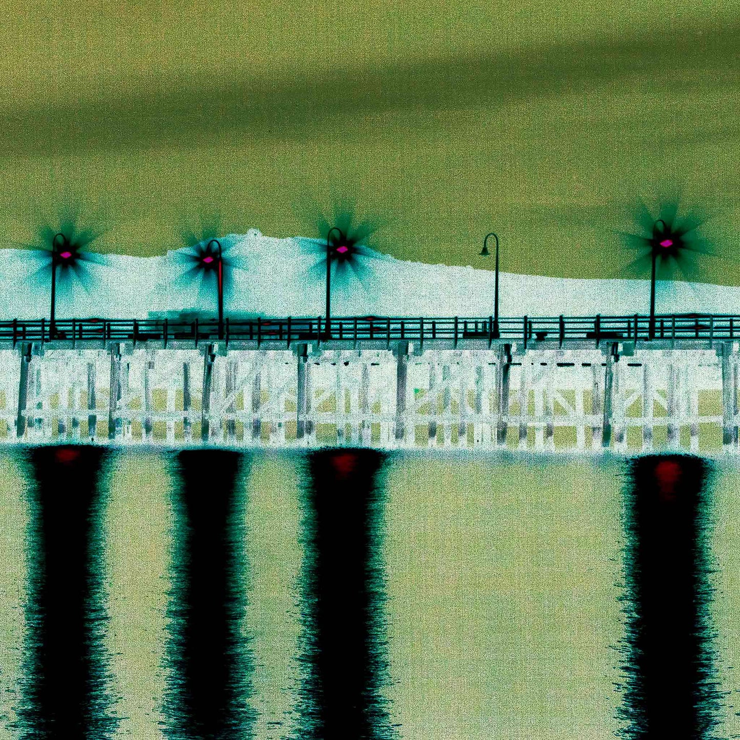 Vivid Country - Coffs Harbour Jetty Lights - 6900033v33a - Close Detail View, an ethereal nighttime view of the Coffs Jetty with bright starburst lights casting vivid pink and green reflections across still waters in a surreal, digitally enhanced composition.