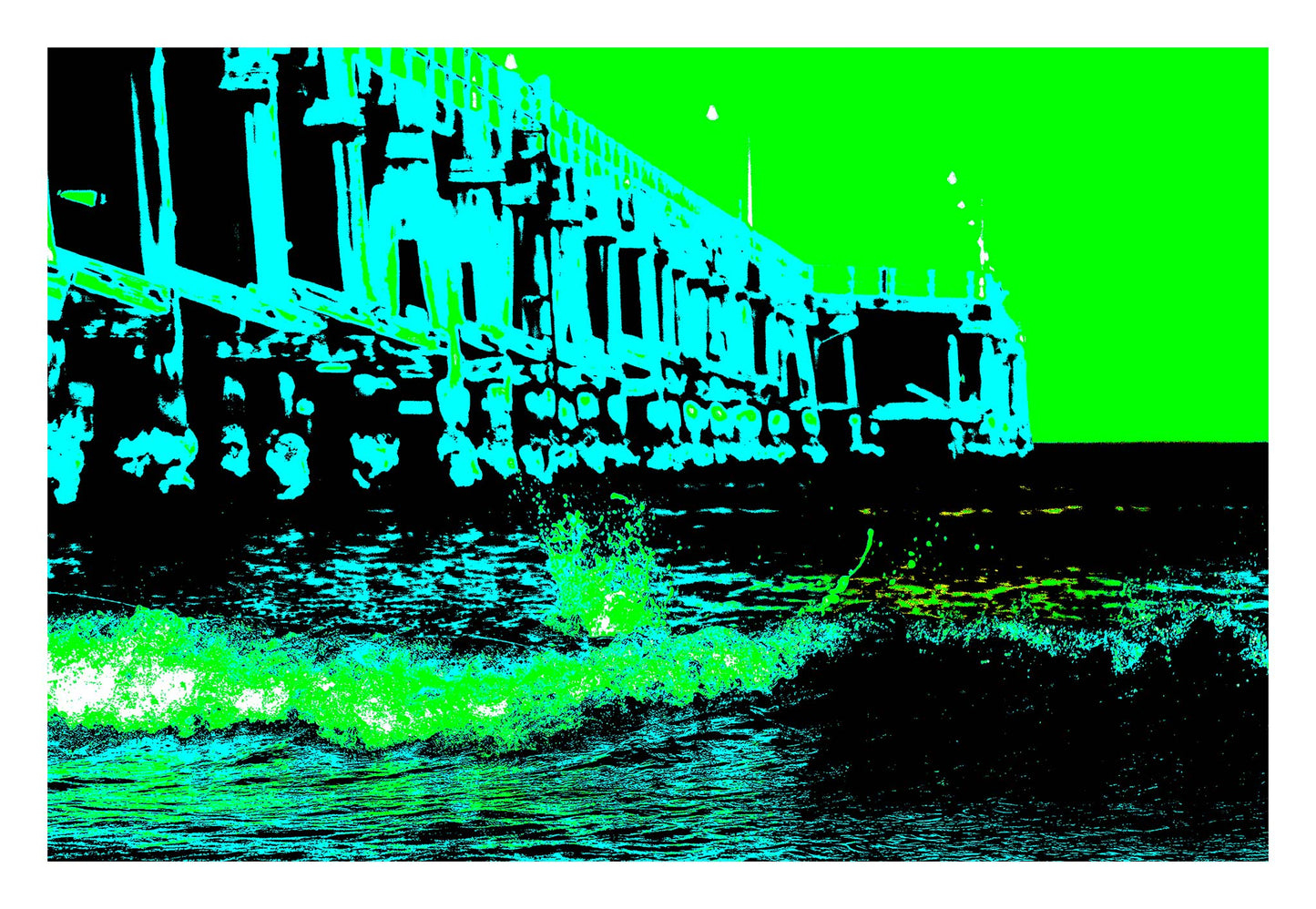 Vivid Country - Coffs Harbour Jetty Wave - 2051v5 - 104x74cm, a bold pop-art rendition of the Coffs Harbour Jetty with a crashing green wave in the foreground and angular timber structures cast in aqua and black silhouette.
