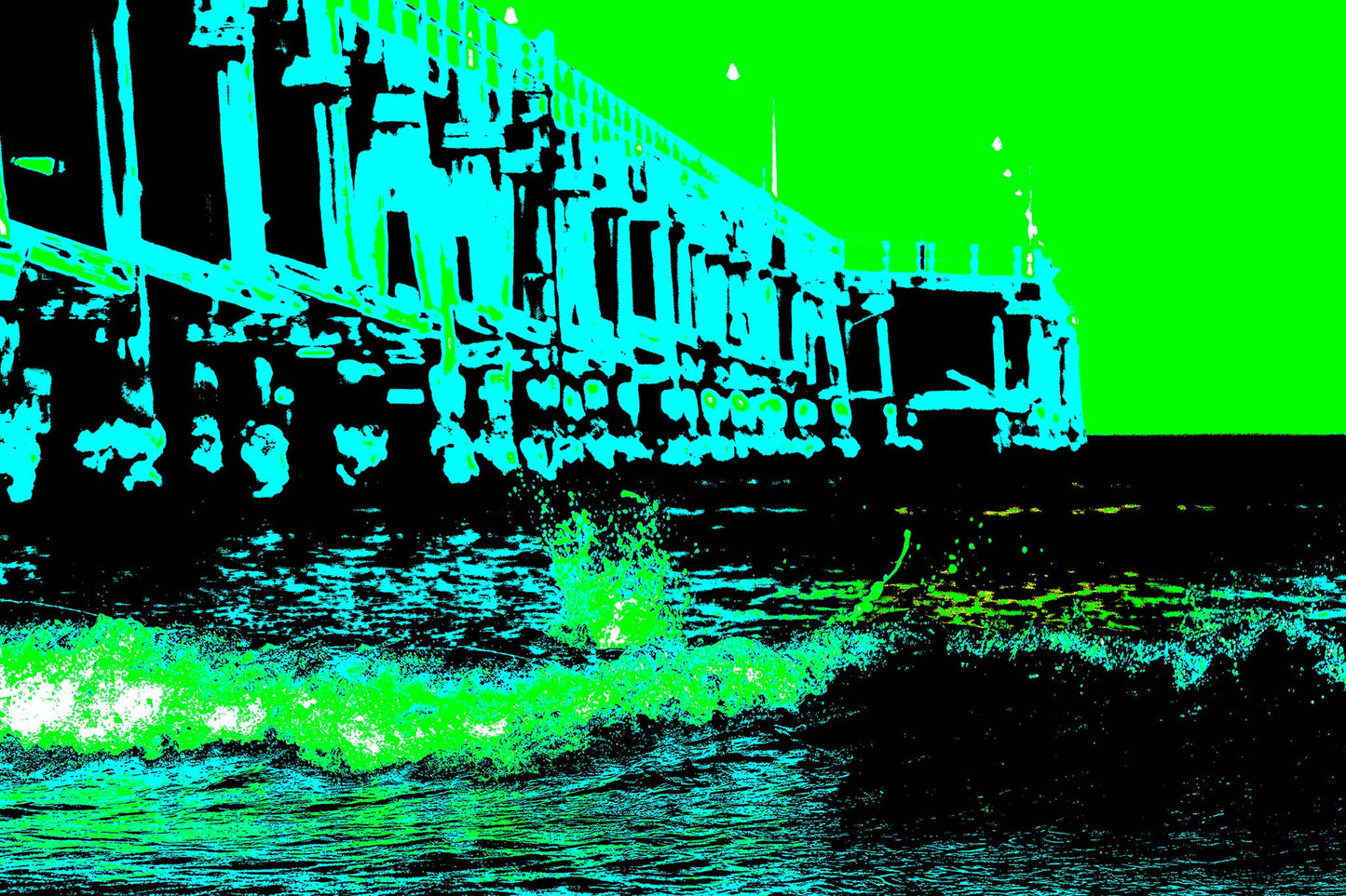 Vivid Country - Coffs Harbour Jetty Wave - 2051v5 - 90x60cm, a bold pop-art rendition of the Coffs Harbour Jetty with a crashing green wave in the foreground and angular timber structures cast in aqua and black silhouette.