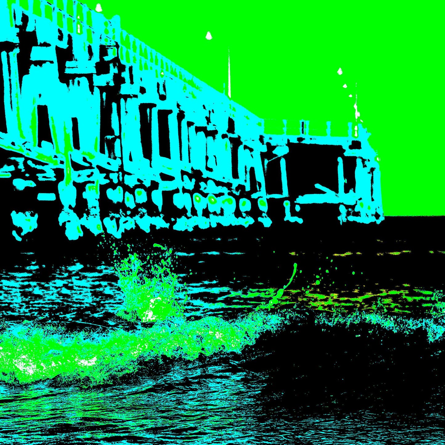 Vivid Country - Coffs Harbour Jetty Wave - 2051v5 - Close Detail View, a bold pop-art rendition of the Coffs Harbour Jetty with a crashing green wave in the foreground and angular timber structures cast in aqua and black silhouette.
