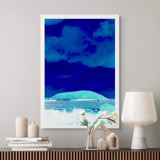 Vivid Country - Coffs Harbour Mutton Bird Island - 6580v4 - Room View, a pop-art reinterpretation of the coastal landmark, featuring inverted blue and turquoise tones, with marina masts silhouetted against a glowing headland and moody sky.