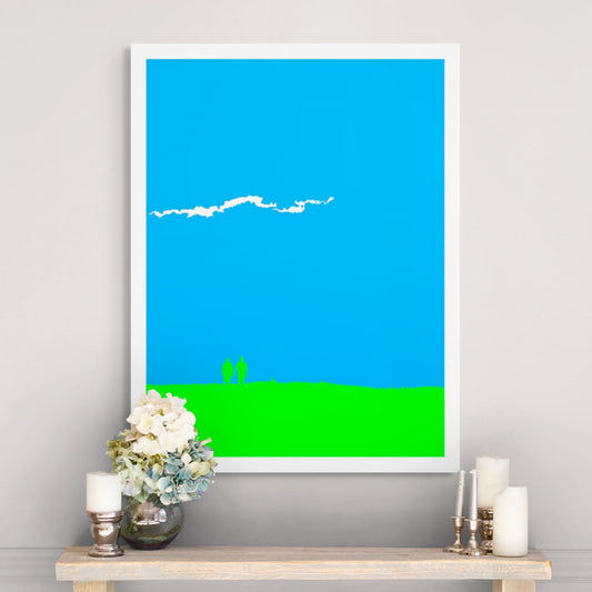 Vivid Country - Coffs Harbour Mutton Bird Island Walk - 0037-2v10b - Room View, two silhouetted figures walk across bright green land beneath a strikingly minimalist cyan sky, with a single cloud above, bold, pop-inspired minimalism.