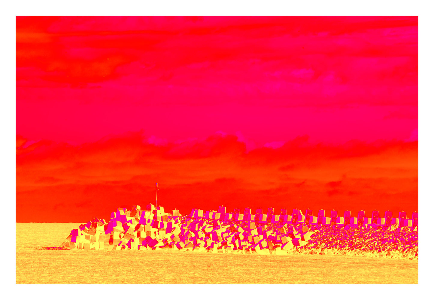Vivid Country - Coffs Harbour South Breakwall - 6072v3 - 104x74cm, a surreal, neon-toned image of concrete blocks forming a breakwall beneath a vivid pink and orange sky, bathed in bold yellow hues.