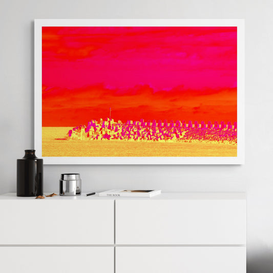 Vivid Country - Coffs Harbour South Breakwall - 6072v3 - Room View, a surreal, neon-toned image of concrete blocks forming a breakwall beneath a vivid pink and orange sky, bathed in bold yellow hues.