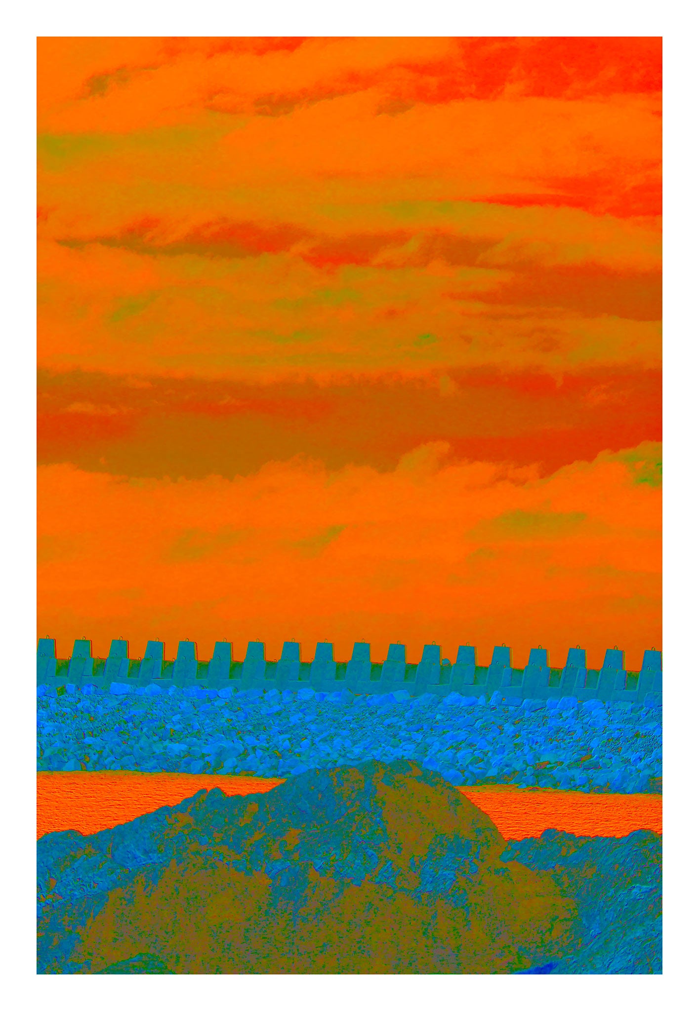 Vivid Country - Coffs Harbour South Breakwall - 6111v7 - 74x104cm, a vividly stylised photograph of a concrete breakwall beneath a blazing orange and green sky, with layers of rocky land and glowing water in the foreground.