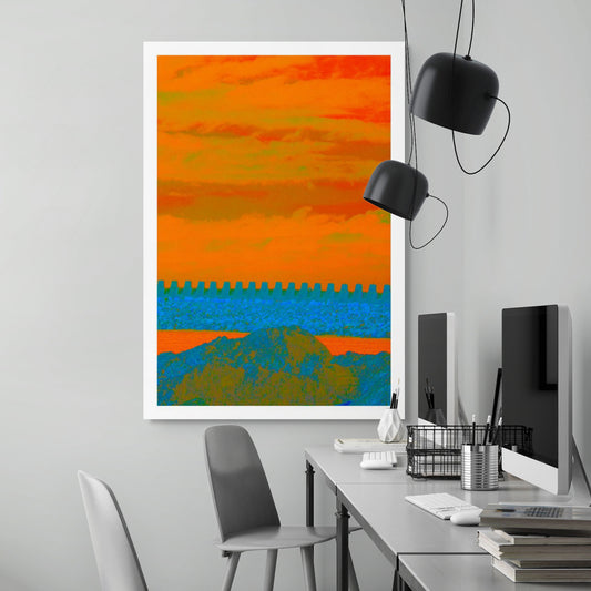 Vivid Country - Coffs Harbour South Breakwall - 6111v7 - Room View, a vividly stylised photograph of a concrete breakwall beneath a blazing orange and green sky, with layers of rocky land and glowing water in the foreground.