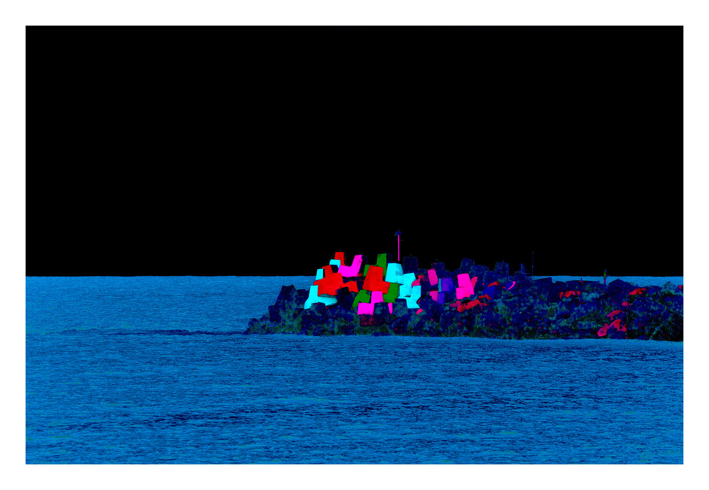 Vivid Country - Coffs Harbour South Breakwall - 6900019-3v17b - 104x74cm, a vivid, pop-style rendering of the iconic Coffs Harbour painted blocks on the breakwall, set against a dramatic black sky and deep blue sea.
