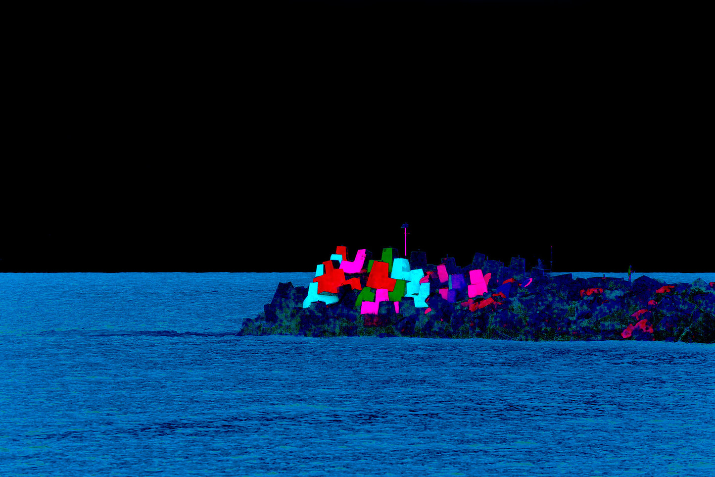 Vivid Country - Coffs Harbour South Breakwall - 6900019-3v17b - 90x60cm, a vivid, pop-style rendering of the iconic Coffs Harbour painted blocks on the breakwall, set against a dramatic black sky and deep blue sea.