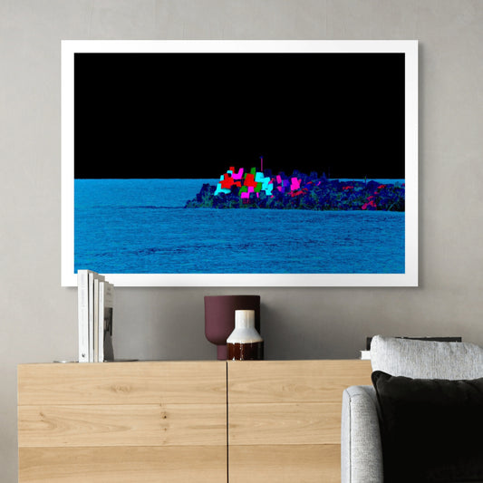 Vivid Country - Coffs Harbour South Breakwall - 6900019-3v17b - Room View, a vivid, pop-style rendering of the iconic Coffs Harbour painted blocks on the breakwall, set against a dramatic black sky and deep blue sea.