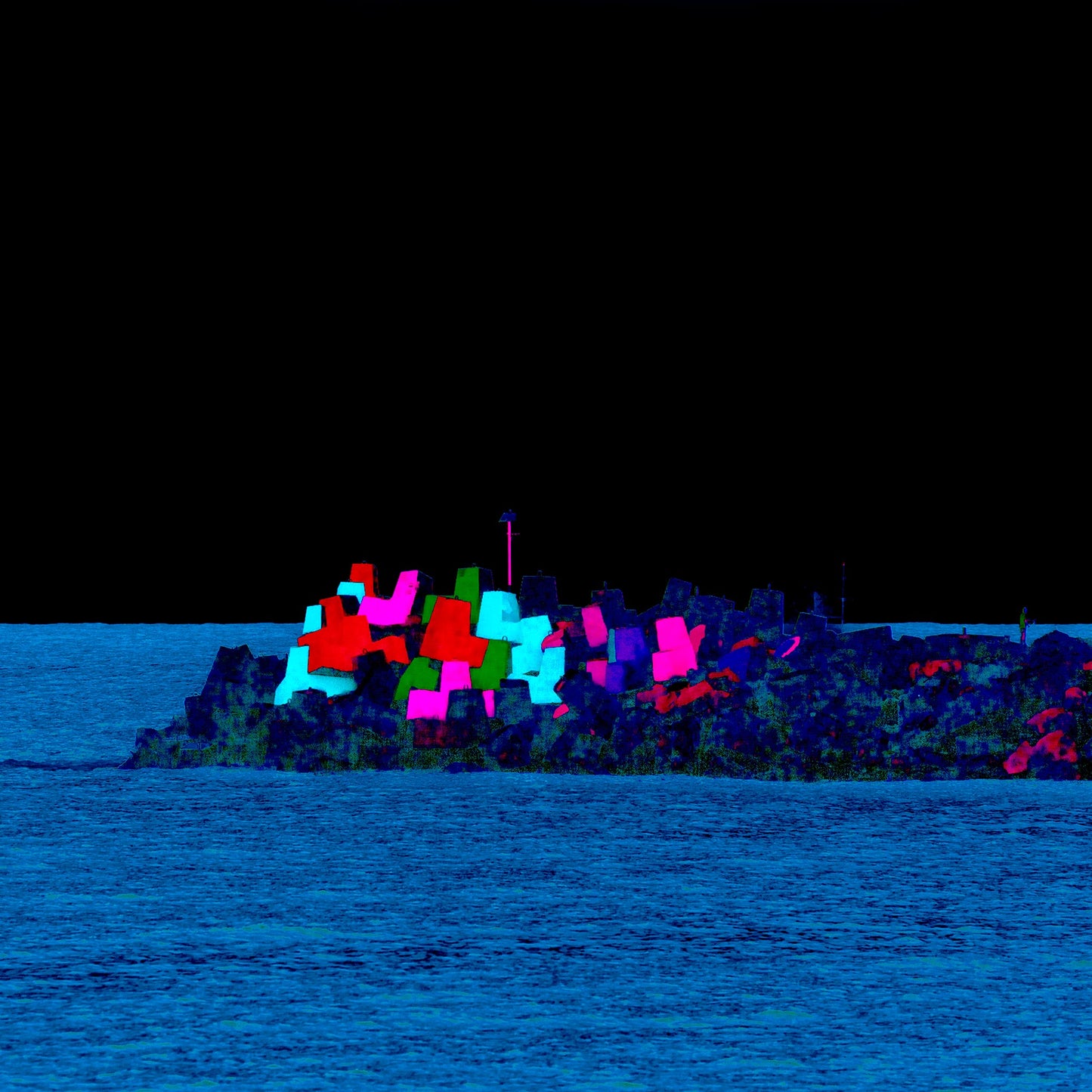 Vivid Country - Coffs Harbour South Breakwall - 6900019-3v17b - Close Detail View, a vivid, pop-style rendering of the iconic Coffs Harbour painted blocks on the breakwall, set against a dramatic black sky and deep blue sea.