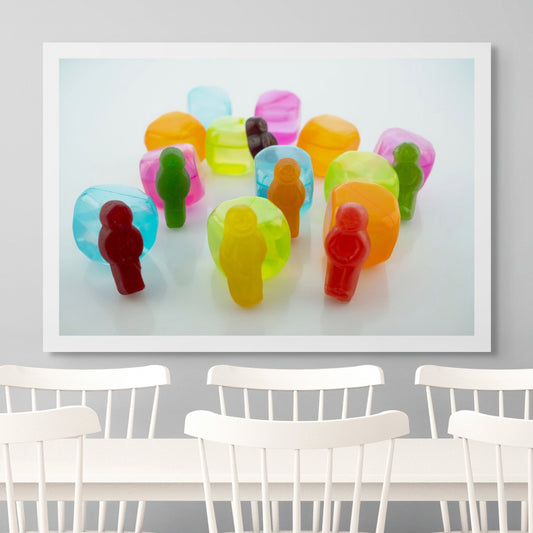 Cold As Ice 2698 - Room View, colourful jelly baby figures paired with translucent faux ice cubes in a staged still life composition, exploring contrast, isolation, and pop-art humour, by Raymond Mather, ART1.