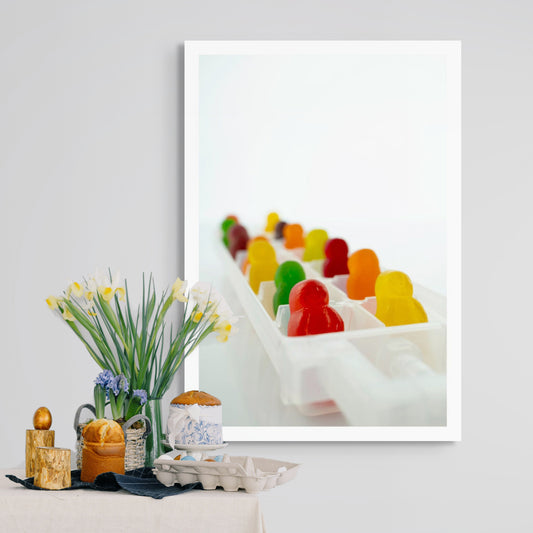 Cold As Ice 2731v1 - Room View, colourful jelly baby figures arranged upright in a white ice cube tray, set against a bright minimalist background, fine art photograph by Raymond Mather, ART1.
