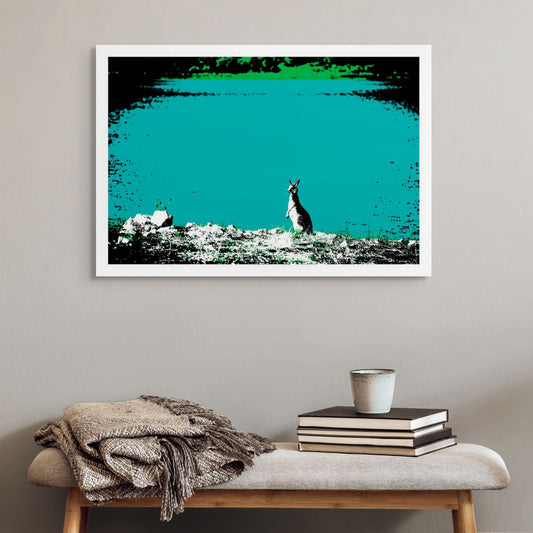 Vivid Country - Copeton Dam Kangaroo - 5130v13a - Room View, a solitary kangaroo stands alert at the edge of a vividly turquoise dam, its silhouette bathed in high-contrast Pop Art tones, reflecting the wild essence of inland Australia.