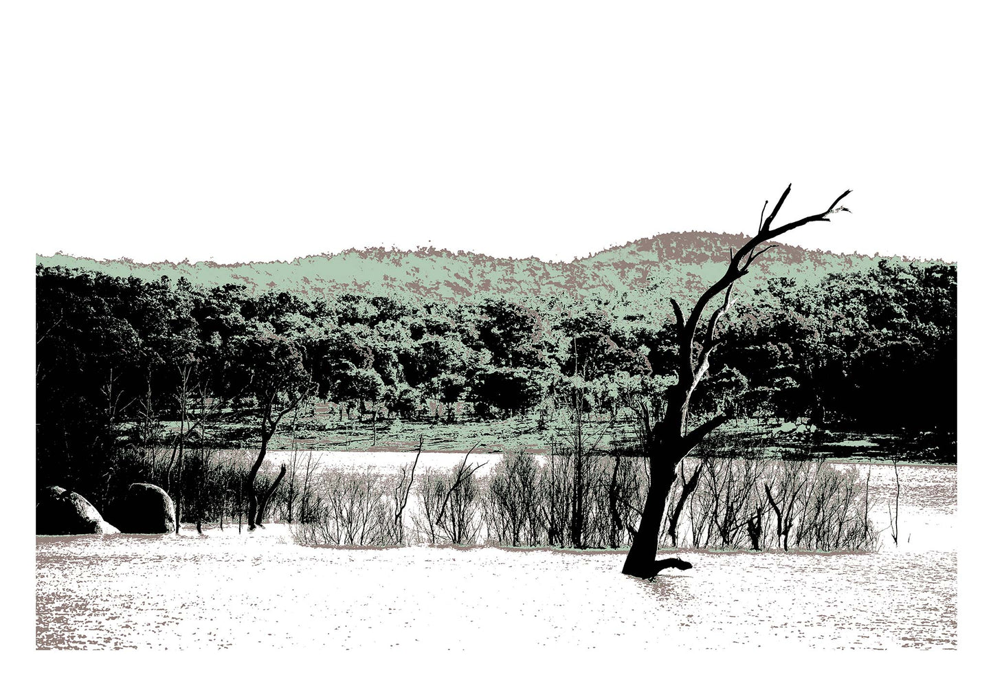 Vivid Country - Copeton Dam Water View - 5154v25 - 104x74cm, a solitary dead tree stands in still water before a muted bushland ridge under a wide open sky in this evocative Australian landscape print.