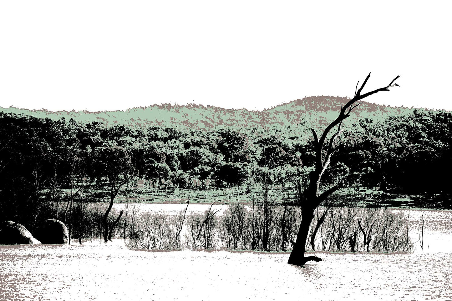Vivid Country - Copeton Dam Water View - 5154v25 - 90x60cm, a solitary dead tree stands in still water before a muted bushland ridge under a wide open sky in this evocative Australian landscape print.