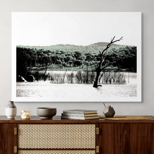 Vivid Country - Copeton Dam Water View - 5154v25 - Room View, a solitary dead tree stands in still water before a muted bushland ridge under a wide open sky in this evocative Australian landscape print.