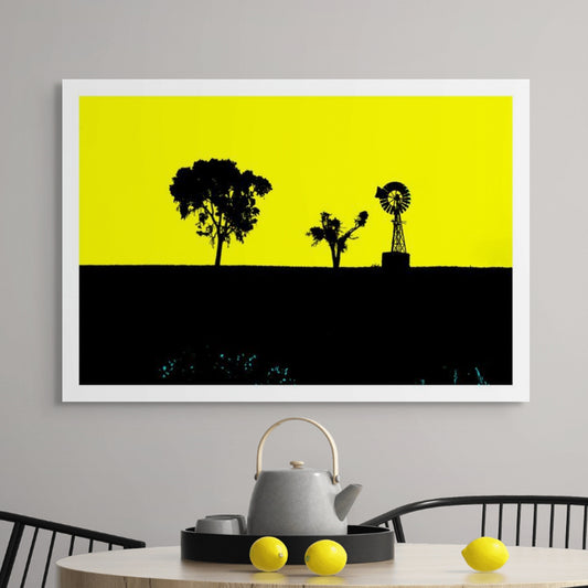 Vivid Country - Croppa Creek Baroma Downs Windmill - 2092v8a - Room View, a striking silhouette of two trees and a windmill stand against a vibrant yellow sky in this bold rural landscape composition.