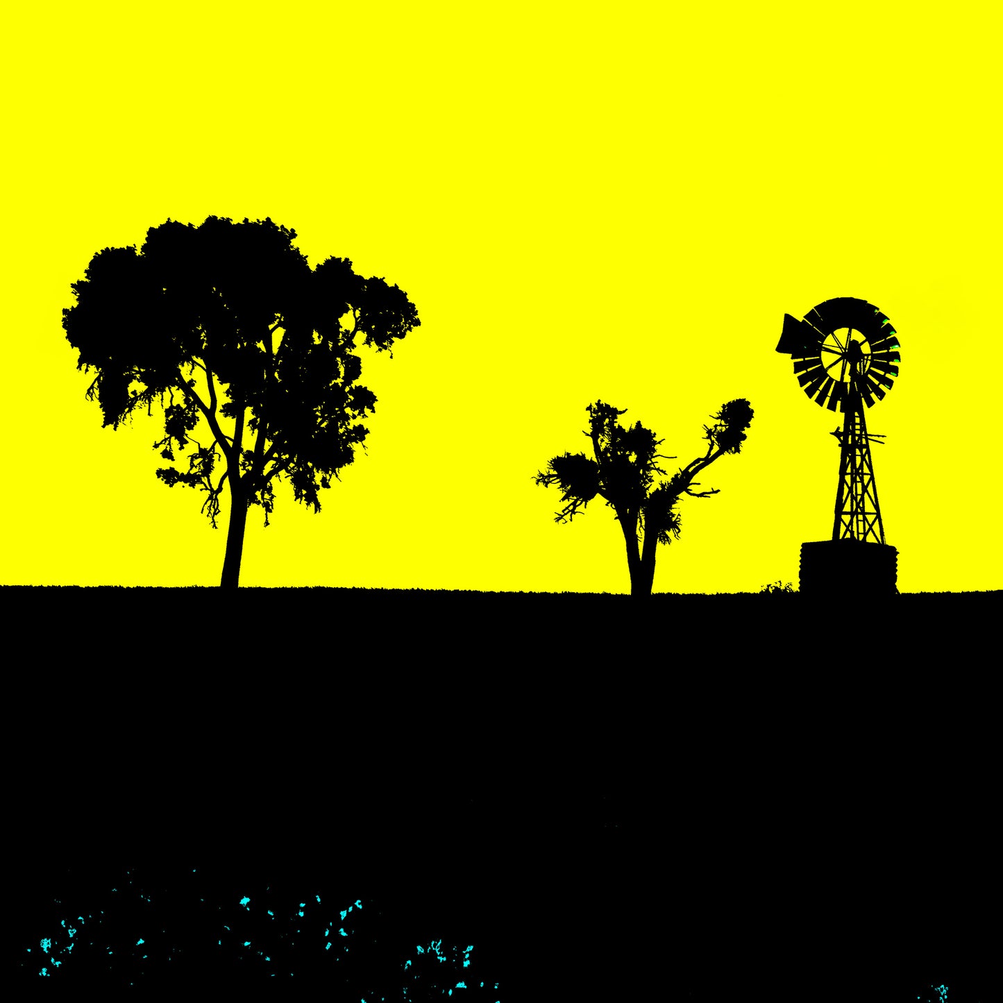 Vivid Country - Croppa Creek Baroma Downs Windmill - 2092v8a - Close Detail View, a striking silhouette of two trees and a windmill stand against a vibrant yellow sky in this bold rural landscape composition.