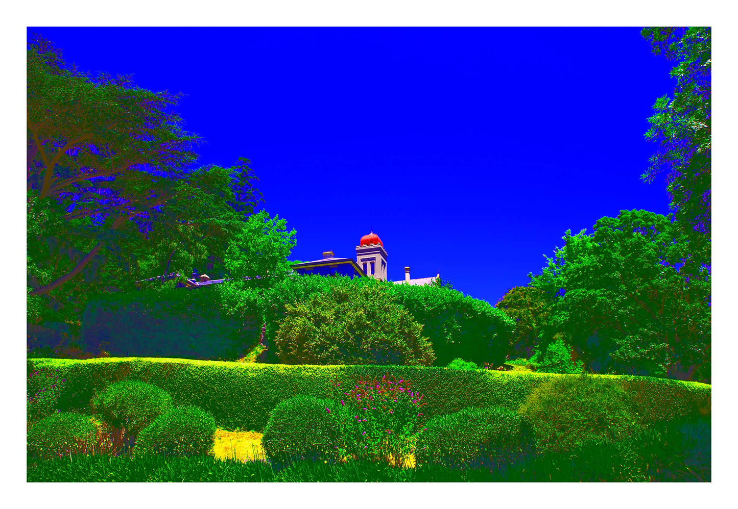 Vivid Country - Daylesford The Convent - 3828v33 - 104x74cm, a bold landscape of vivid greens and electric blue sky frames the iconic domed tower of The Convent in Daylesford, surrounded by manicured hedges and lush foliage.