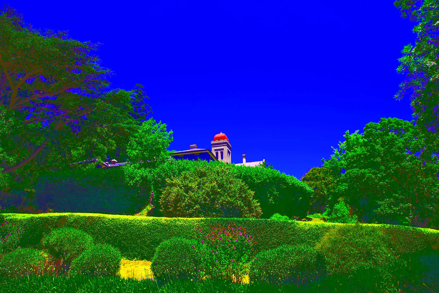 Vivid Country - Daylesford The Convent - 3828v33 - 90x60cm, a bold landscape of vivid greens and electric blue sky frames the iconic domed tower of The Convent in Daylesford, surrounded by manicured hedges and lush foliage.