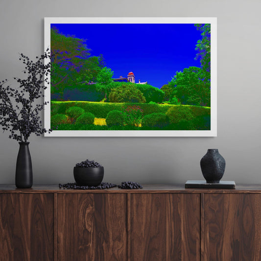 Vivid Country - Daylesford The Convent - 3828v33 - Room View, a bold landscape of vivid greens and electric blue sky frames the iconic domed tower of The Convent in Daylesford, surrounded by manicured hedges and lush foliage.