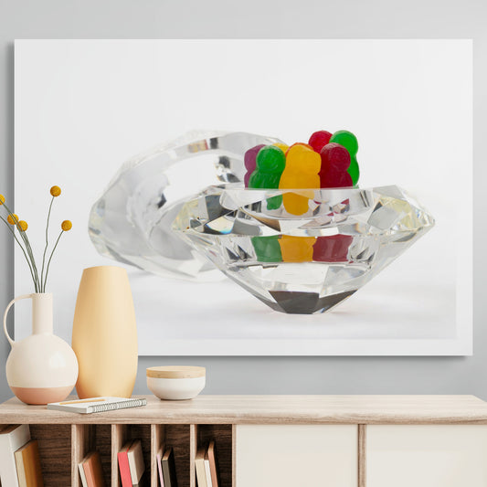 Diamonds Are 1643 - Room View, colourful jelly baby figures standing upright in a large faceted crystal bowl shaped like a diamond, with a second gem behind, fine art photograph by Raymond Mather, ART1.